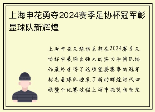 上海申花勇夺2024赛季足协杯冠军彰显球队新辉煌